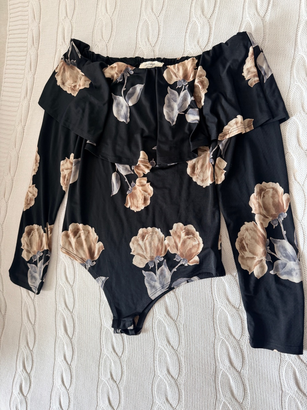 Black Floral Long Sleeve Off the Shoulder Bodysuit Size L Ruffle - Picture 4 of 13
